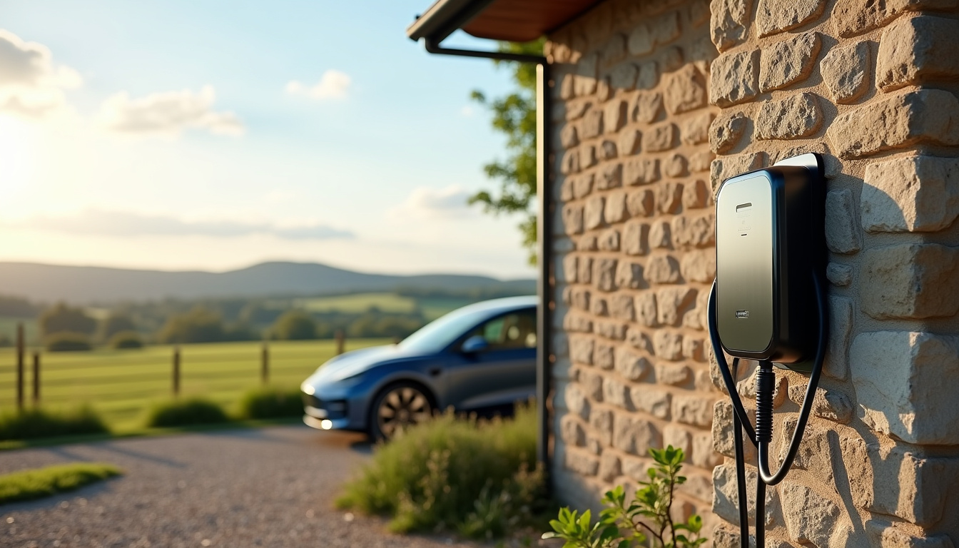 Borne de recharge installée à l'extérieur d'une maison en zone rurale