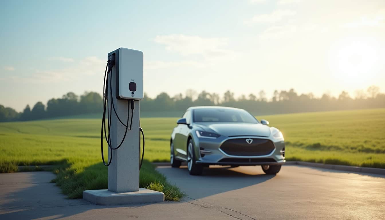 Borne de recharge installée à l'extérieur sur une place de stationnement en milieu rural