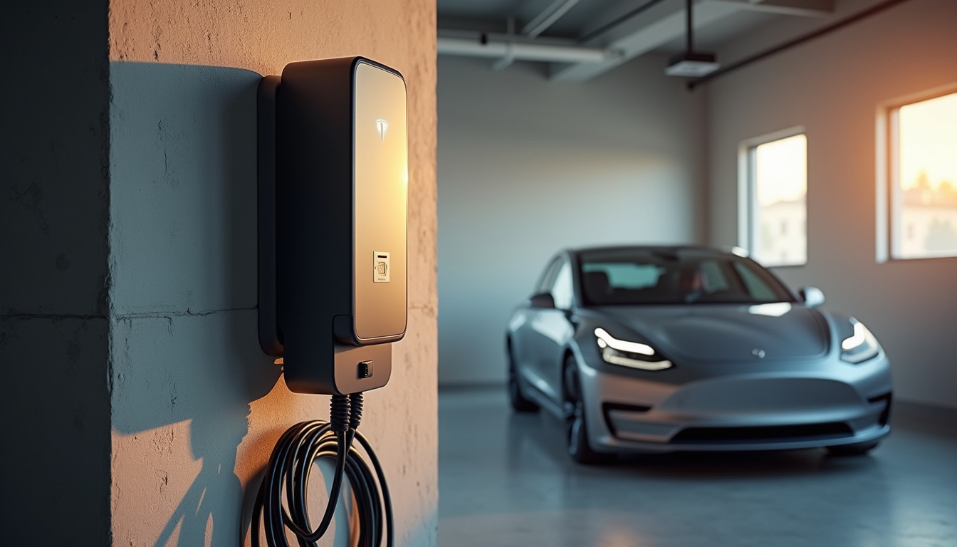 Borne de recharge installée à l'intérieur d'un garage à Houppeville, vue du boîtier et du câble de charge