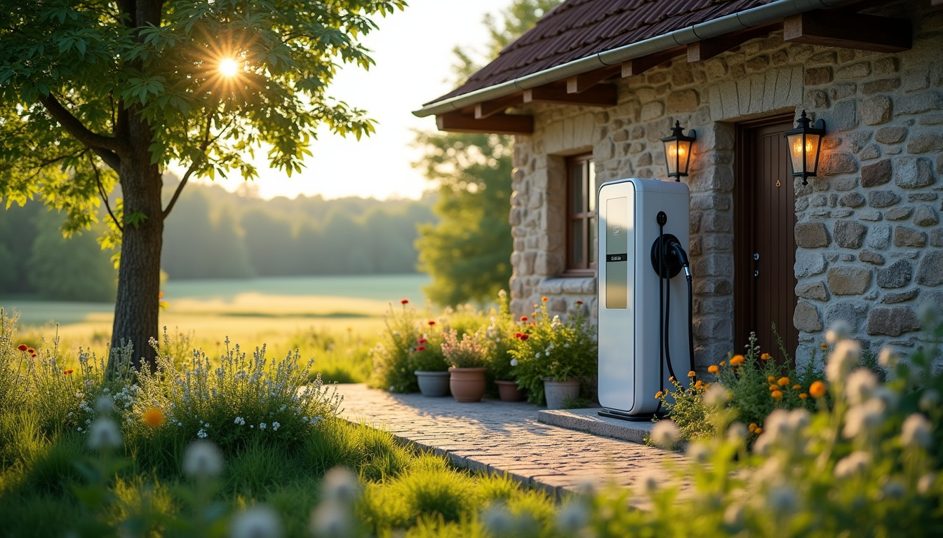 Borne de recharge installée dans un environnement rural à Niherne, entourée de verdure et d'une maison ancienne