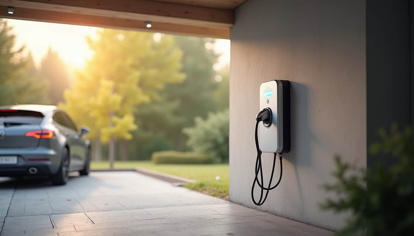 Borne de recharge installée dans un garage privé à Boé, avec câble en cours d'utilisation