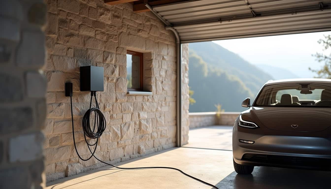Borne de recharge installée dans un garage privé à Les Adrets, branchée sur une voiture électrique, avec câble bien rangé