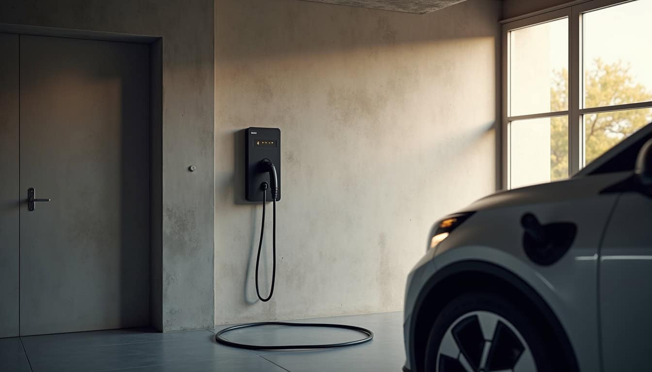 Borne de recharge installée dans un garage privé à Ploudaniel, connectée à un véhicule électrique