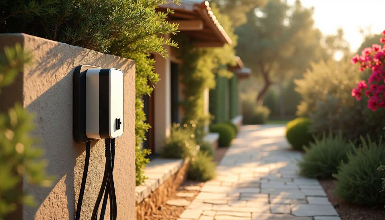 Borne de recharge installée dans un jardin à Ajaccio, entourée de végétation méditerranéenne