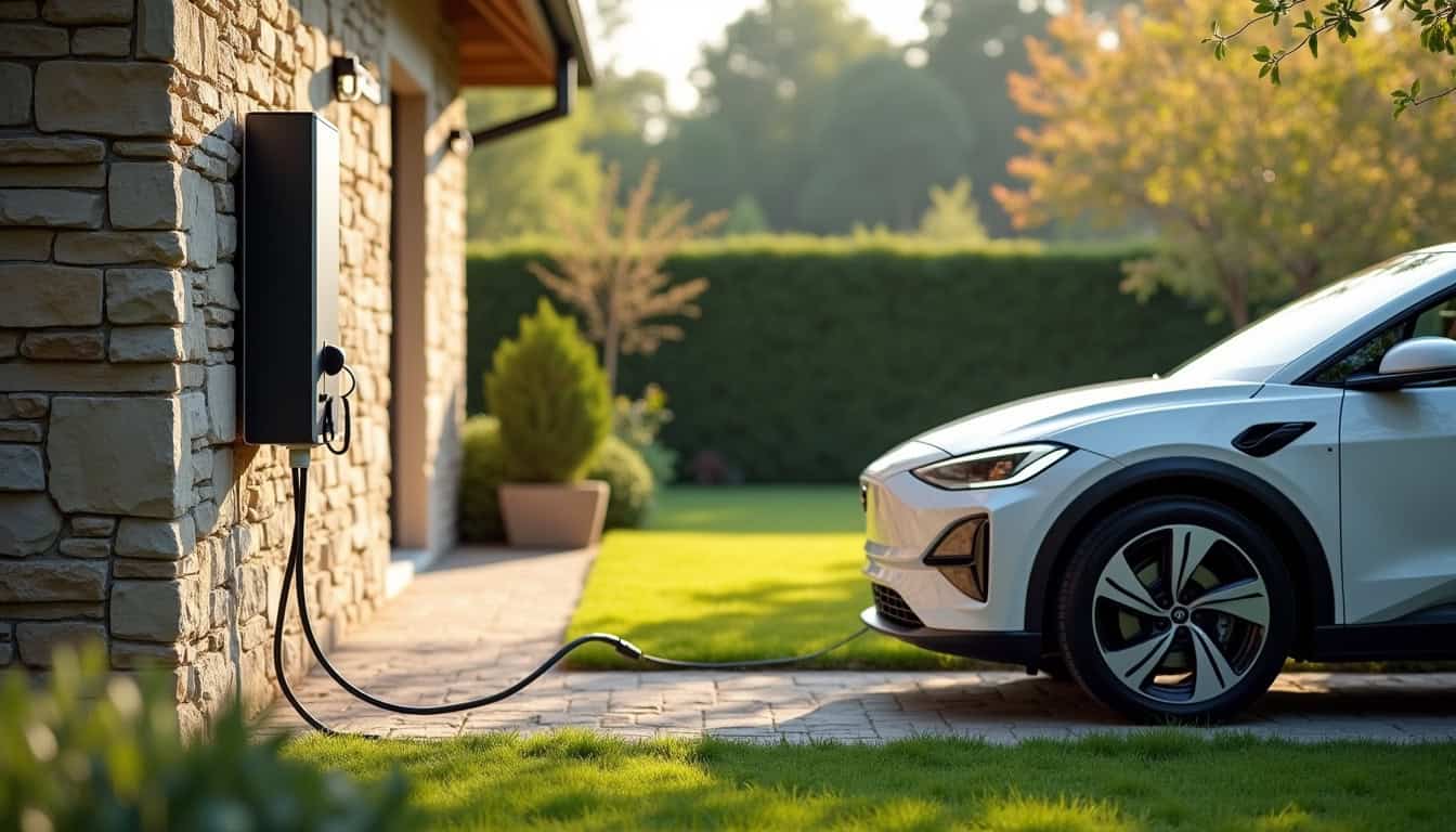 Borne de recharge installée dans un jardin à Louplande, en extérieur, avec câble connecté à un véhicule électrique
