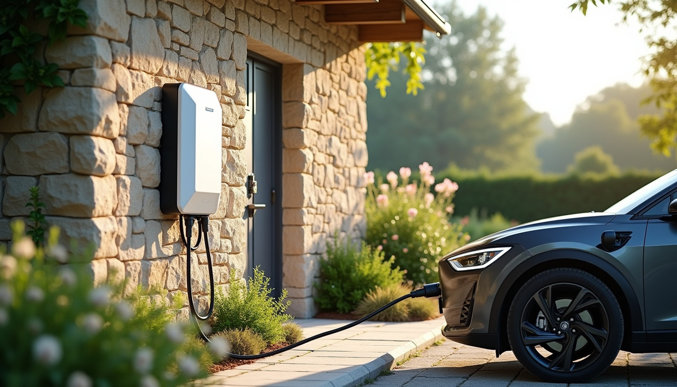 Borne de recharge installée dans un jardin à Lozanne, en extérieur, près d'une voiture électrique