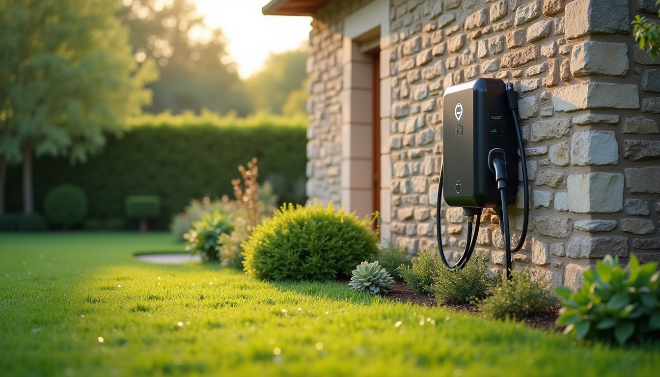 Borne de recharge installée dans un jardin de maison à Vindry-sur-Turdine