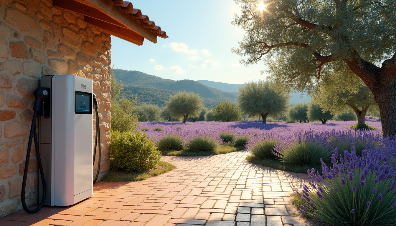 Borne de recharge installée dans un jardin privé à Saint-Étienne-du-gres, en milieu rural provençal