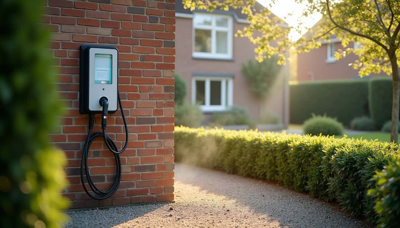 Borne de recharge installée dans un jardin résidentiel à Rochy-Condé