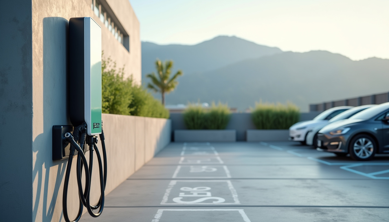 Borne de recharge installée dans un parc de stationnement professionnel à Saint-Romain-Lachalm