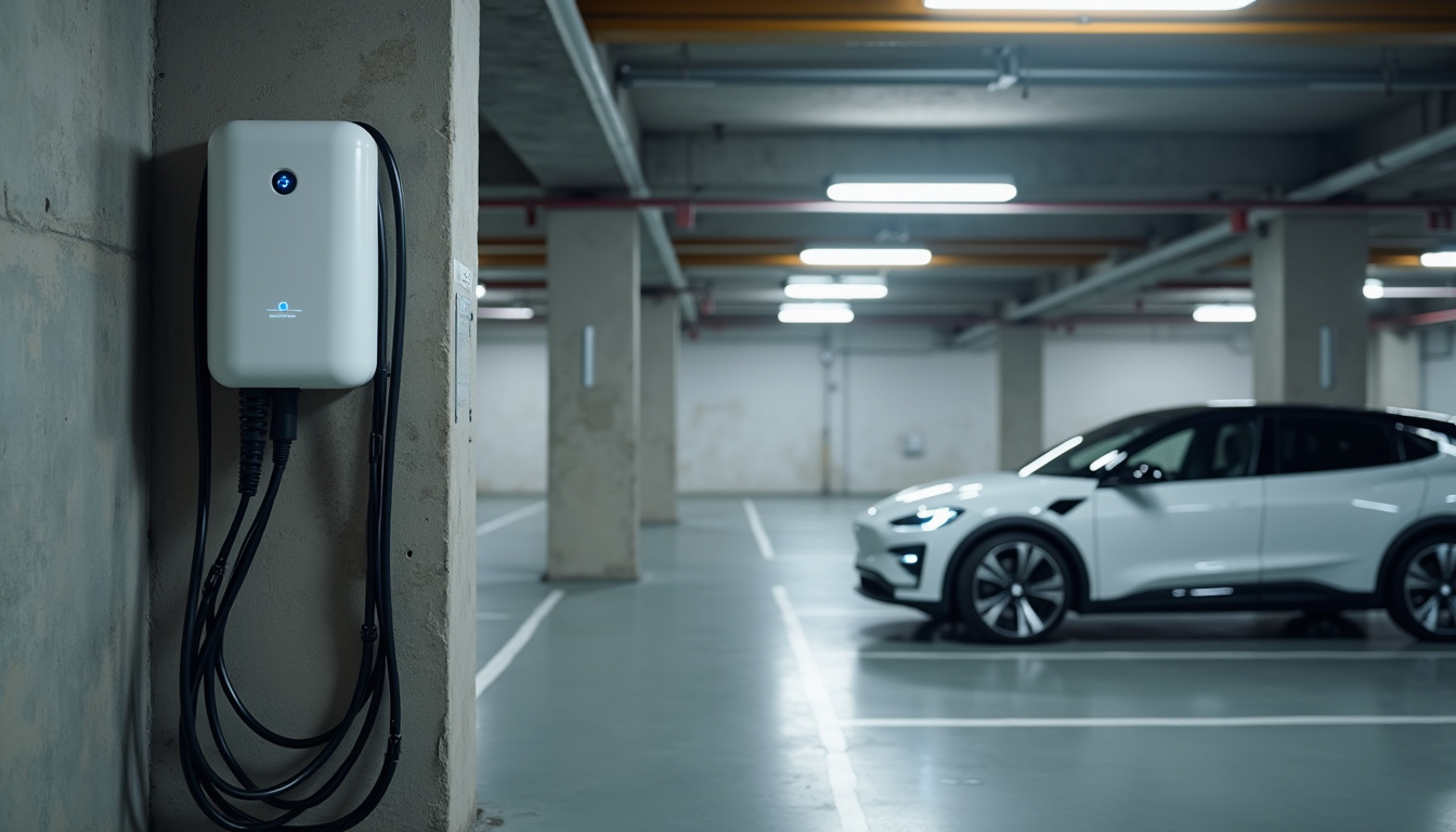 Borne de recharge installée dans un parking collectif à Saint-Georges-sur-Eure