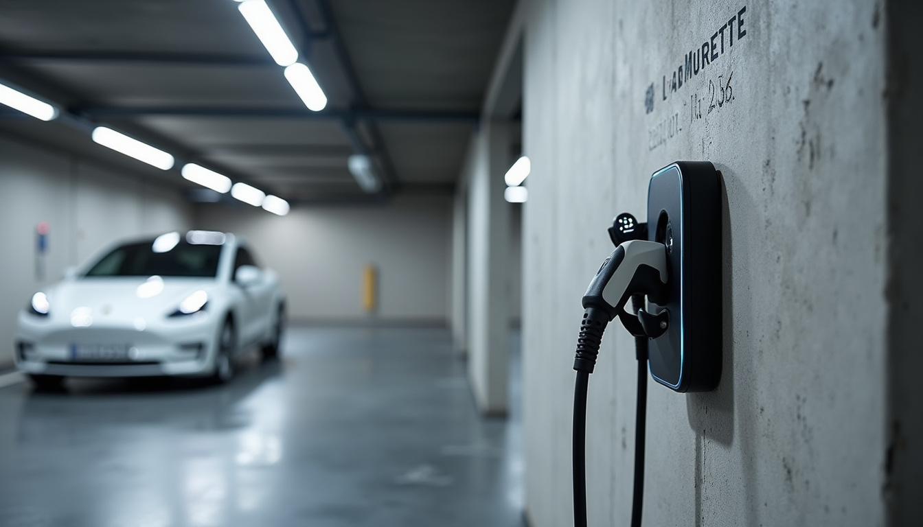 Borne de recharge installée dans un parking collectif de La Murette avec système de badge RFID