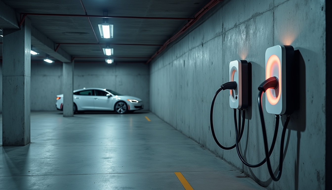 Borne de recharge installée dans un parking collectif en copropriété, éclairage artificiel