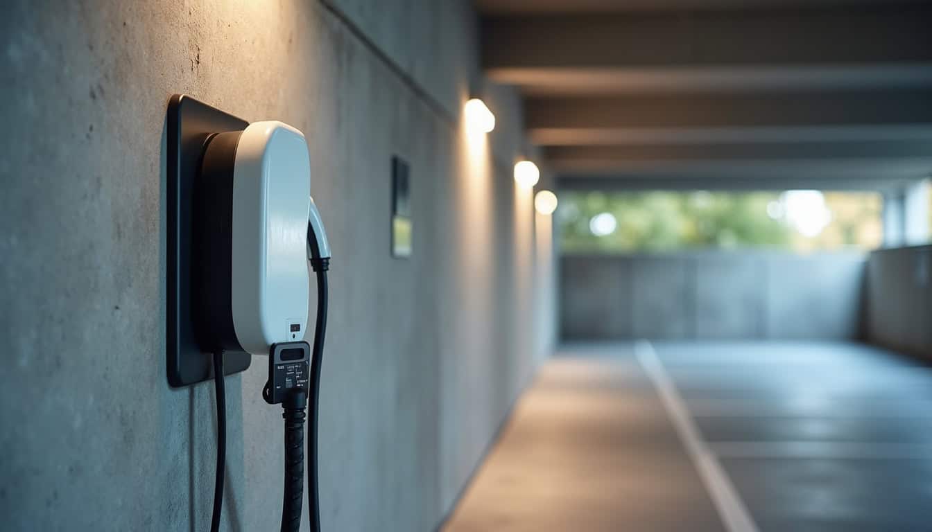 Borne de recharge installée dans un parking collectif en copropriété