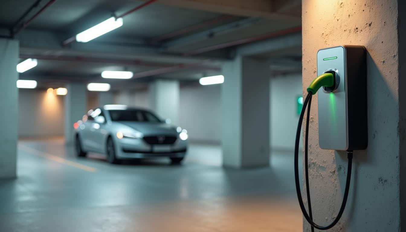 Borne de recharge installée dans un parking de copropriété à Fouquières-lès-Bethune