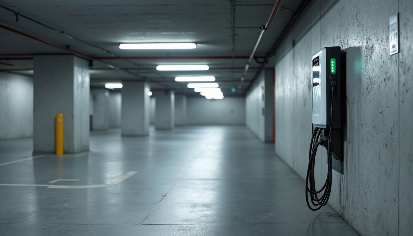 Borne de recharge installée dans un parking de copropriété à Méru