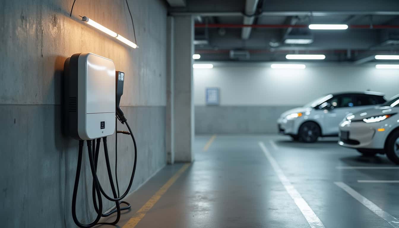 Borne de recharge installée dans un parking de copropriété à Rivière-Salée