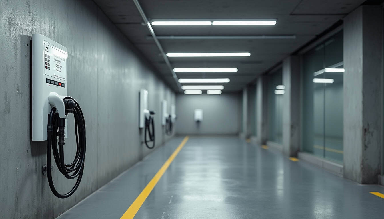 Borne de recharge installée dans un parking de copropriété à Saint-Doulchard, avec câble sécurisé et affichage des consignes d'utilisation