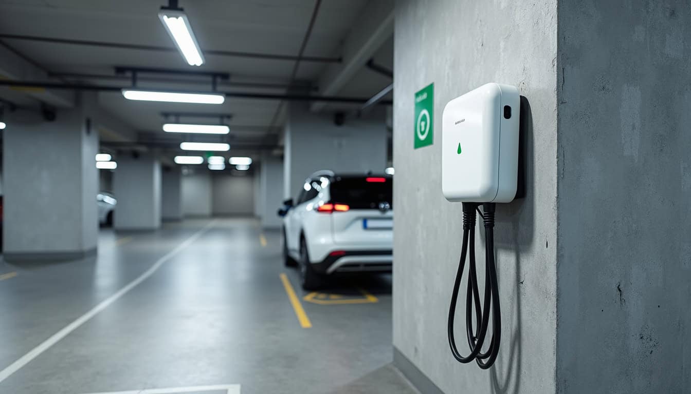 Borne de recharge installée dans un parking de copropriété à Trizay, vue d'ensemble du dispositif