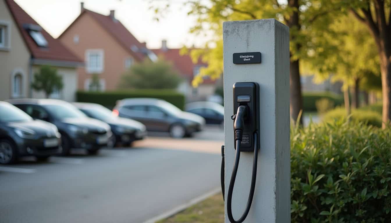 Borne de recharge installée dans un parking de copropriété en extérieur