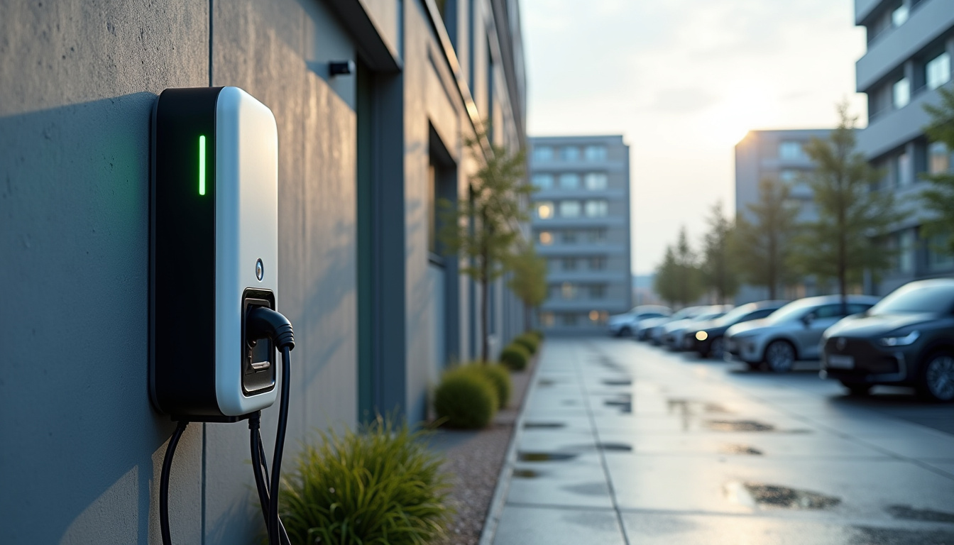 Borne de recharge installée dans un parking d'entreprise à Écully