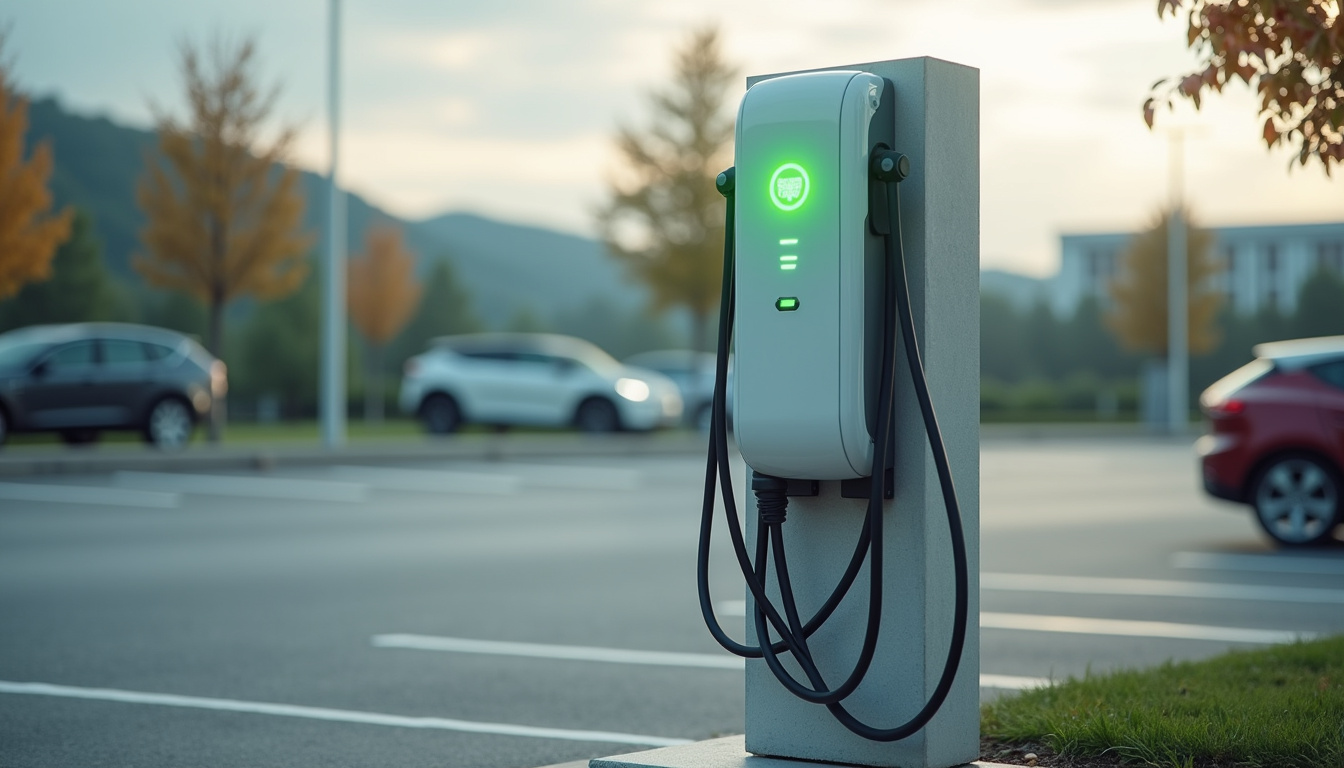 Borne de recharge installée dans un parking d'entreprise à Saint-Gonnery