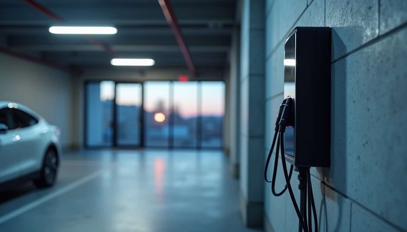 Borne de recharge installée dans un parking d'entreprise à Taulignan