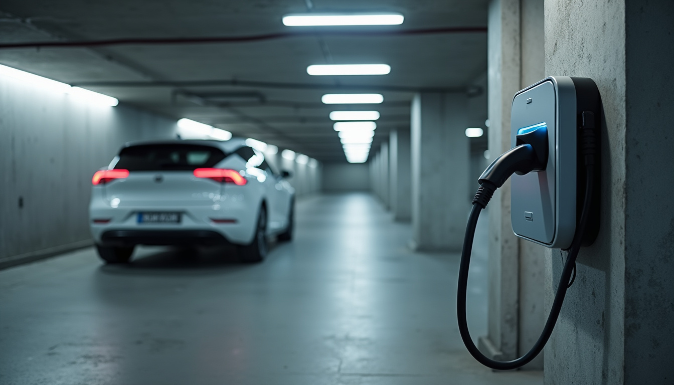 Borne de recharge installée dans un parking d'immeuble à Plabennec
