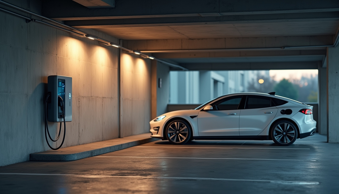 Borne de recharge installée dans un parking d'immeuble en copropriété, en fin de journée