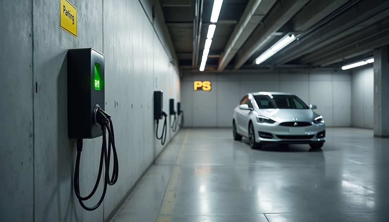 Borne de recharge installée dans un parking souterrain de copropriété à Brax