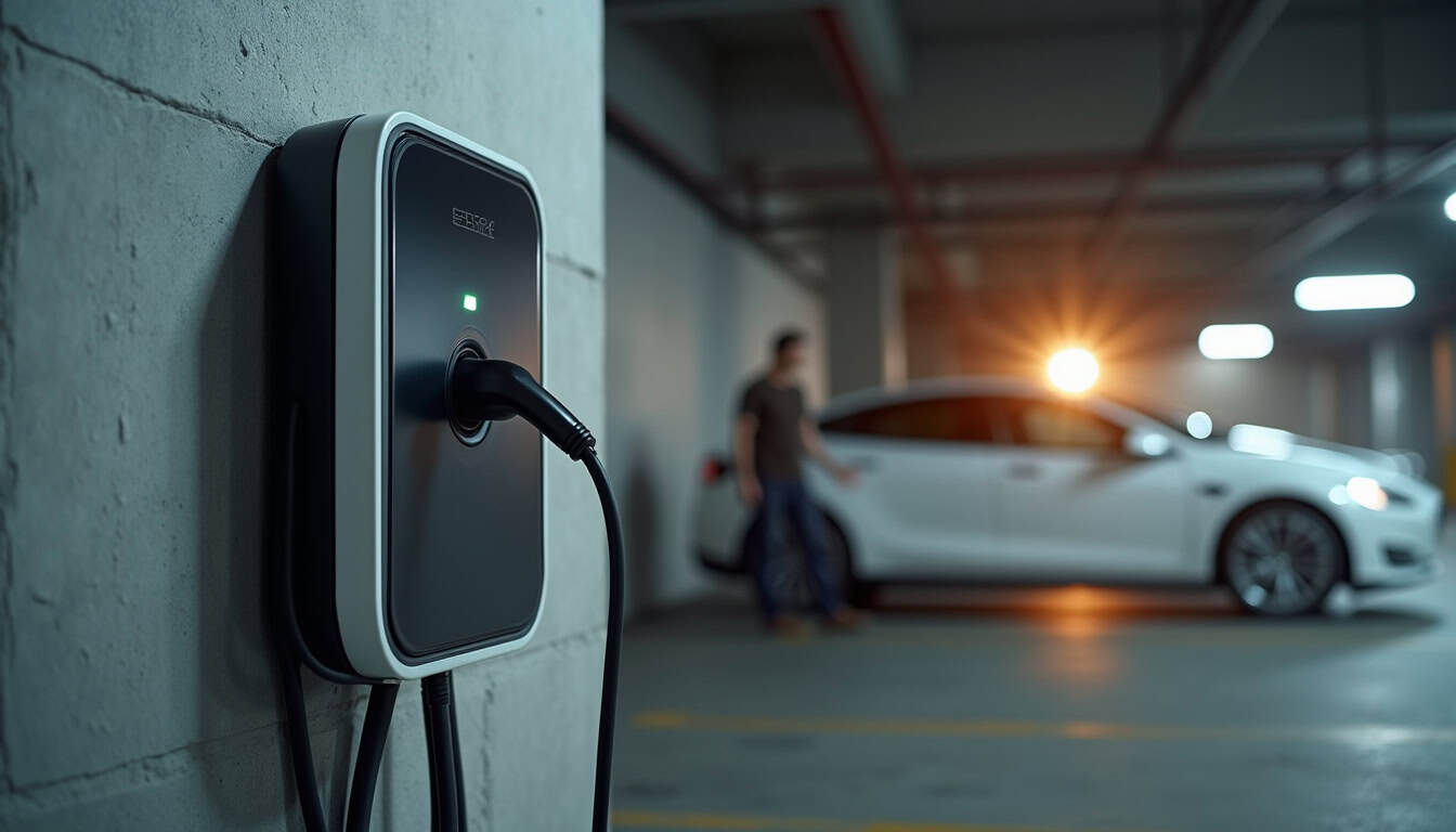 Borne de recharge installée dans un parking souterrain de copropriété à Plaisance