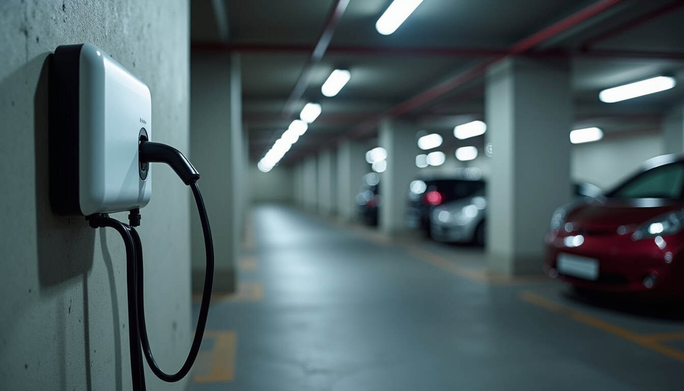 Borne de recharge installée dans un parking souterrain de copropriété, vue du dispositif fixé au mur avec véhicule en charge