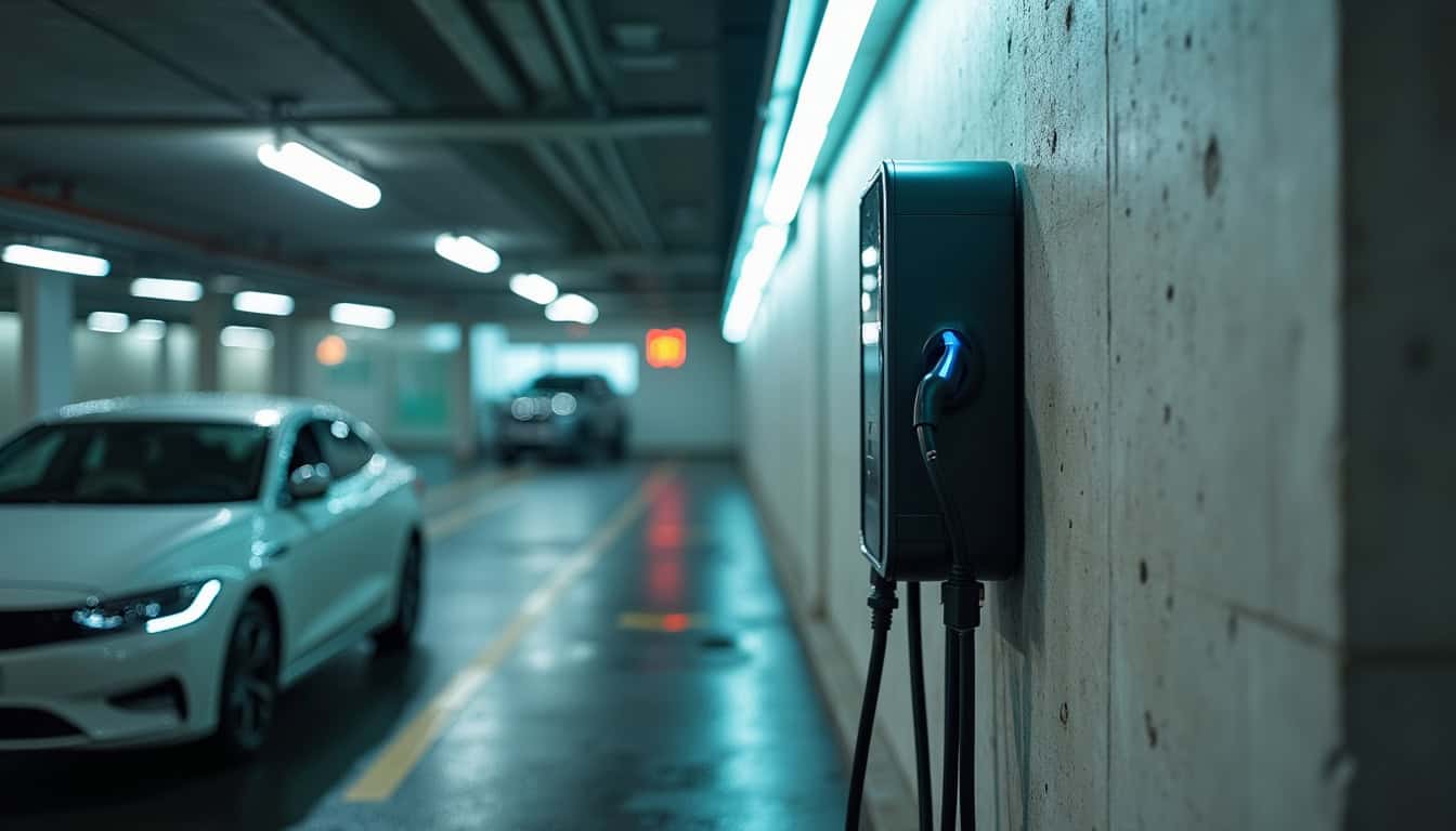 Borne de recharge installée dans une copropriété et un parking d'entreprise à Le Houlme