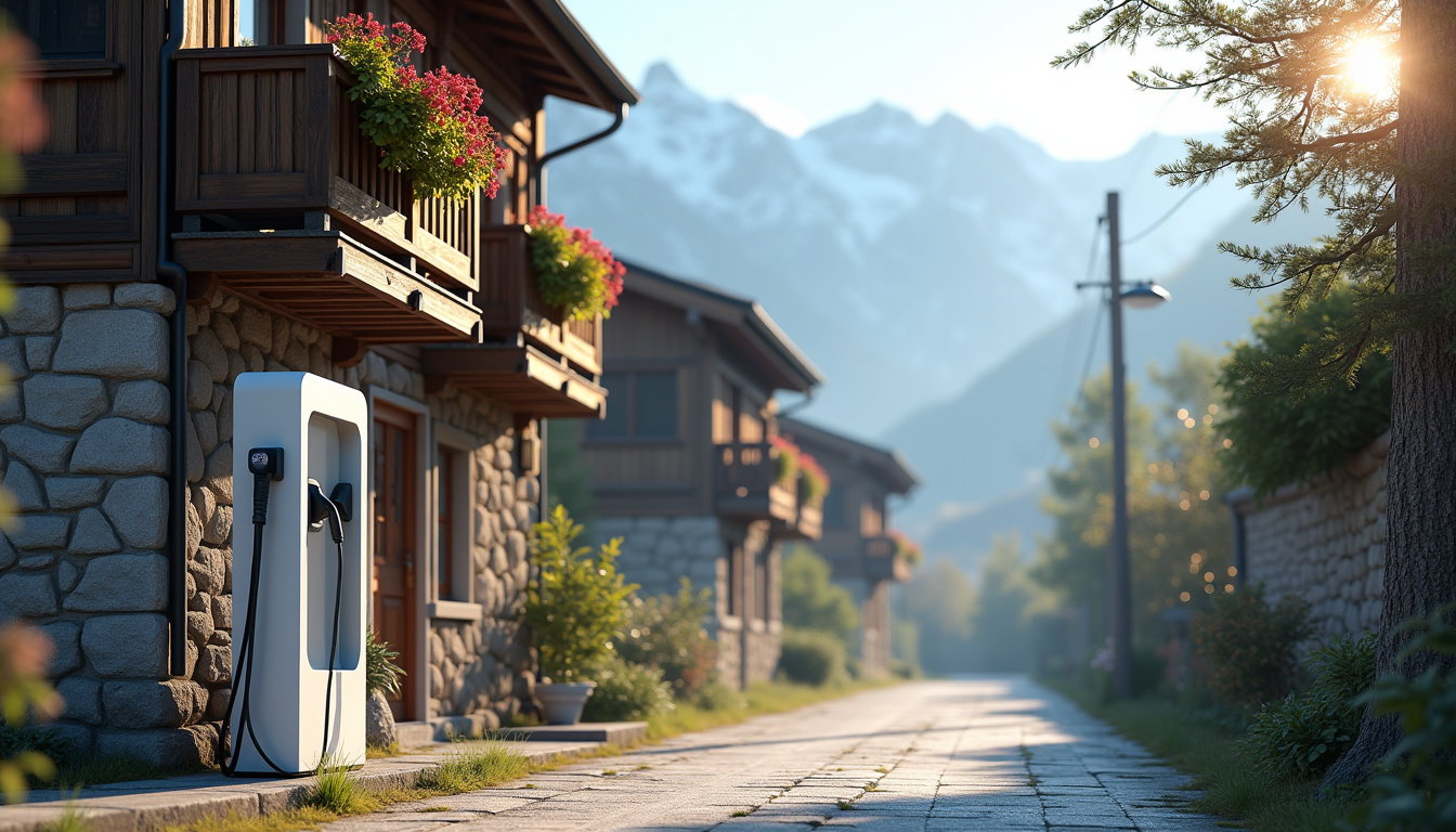 Borne de recharge installée dans une rue paisible d'une commune rurale de montagne