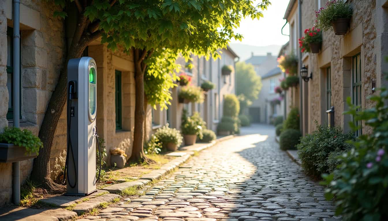 Borne de recharge installée dans une rue typique d'une commune bretonne, entourée de maisons en pierre et d'arbres
