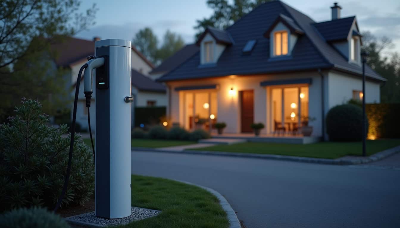 Borne de recharge installée devant un pavillon à Giberville en soirée