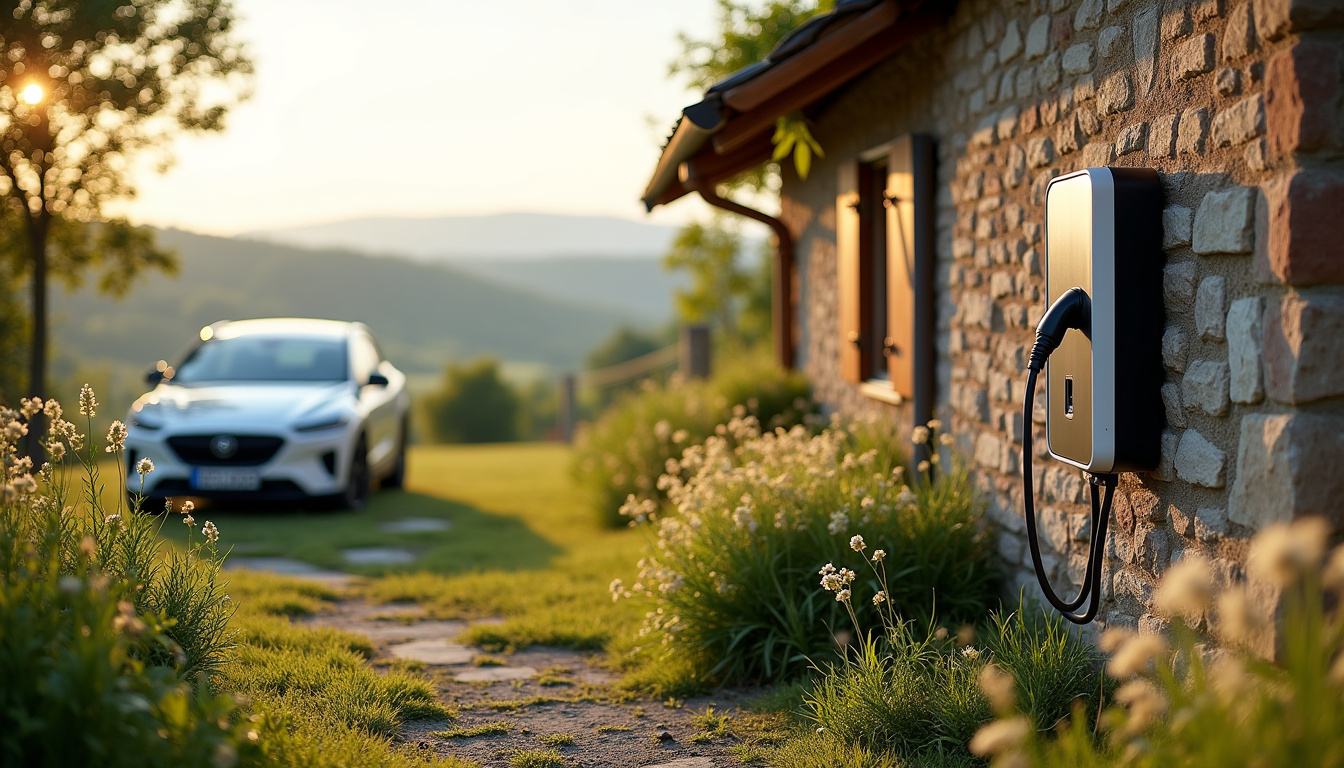 Borne de recharge installée devant une maison à Boivre-la-Vallée, en milieu rural