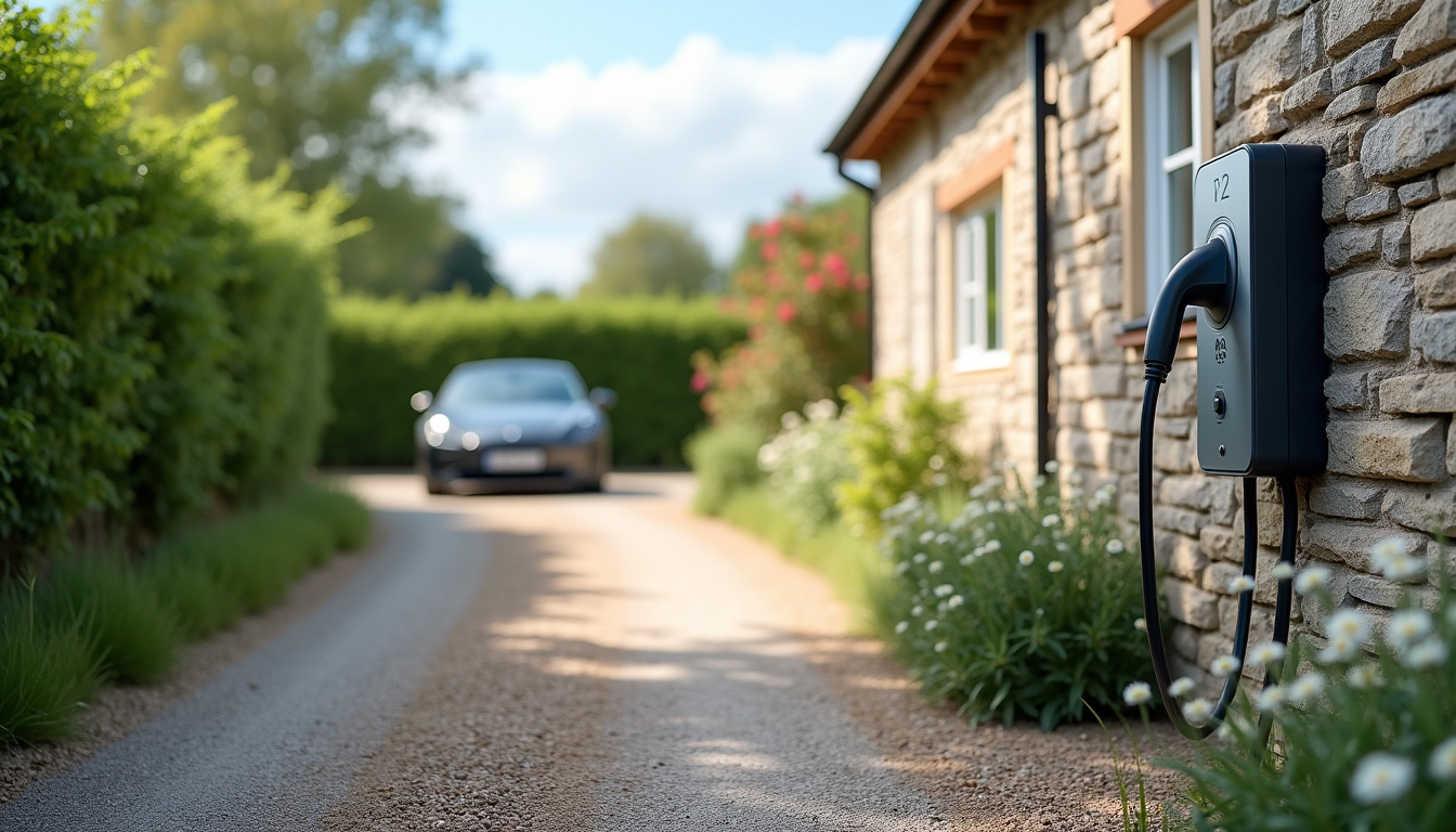 Borne de recharge installée devant une maison à Combrit, en milieu rural, près d'une allée gravillonnée