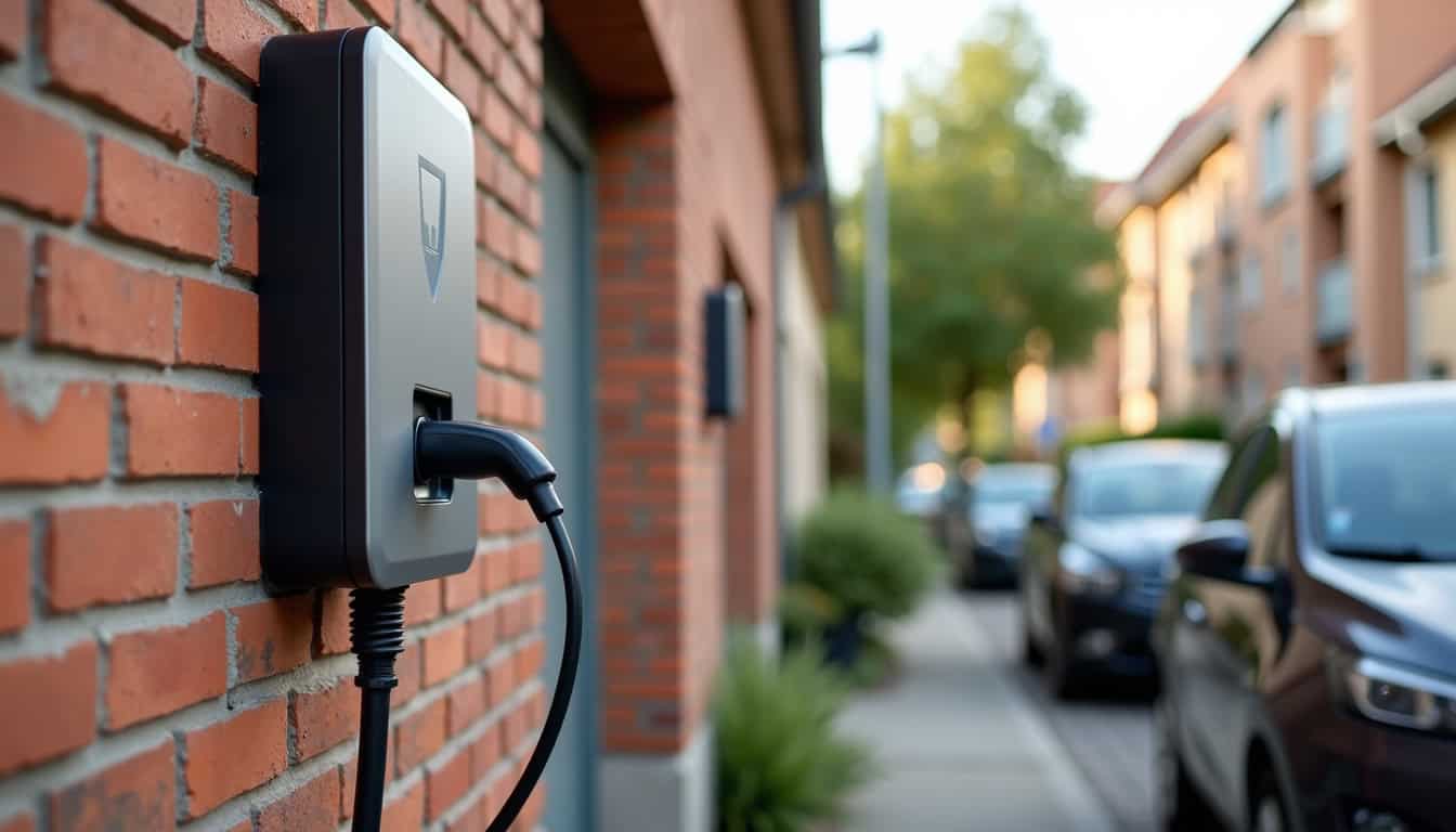 Borne de recharge installée devant une maison à Domarin, en milieu urbain