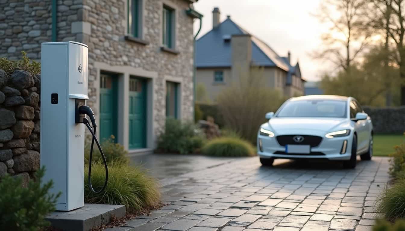 Borne de recharge installée devant une maison à Guidel, en situation réelle