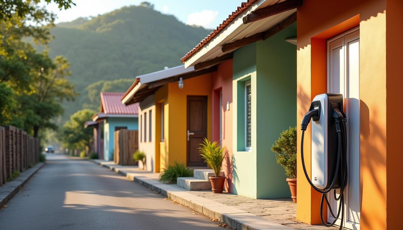 Borne de recharge installée devant une maison à Les Trois-Bassins, en milieu urbain réunionnais