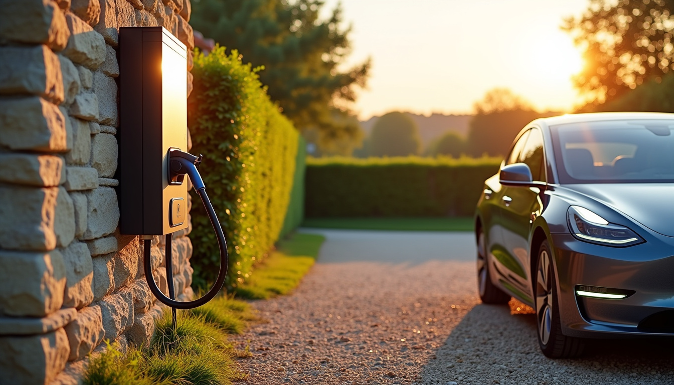 Borne de recharge installée devant une maison individuelle à Cuise-la-motte, en milieu rural, avec véhicule électrique en charge