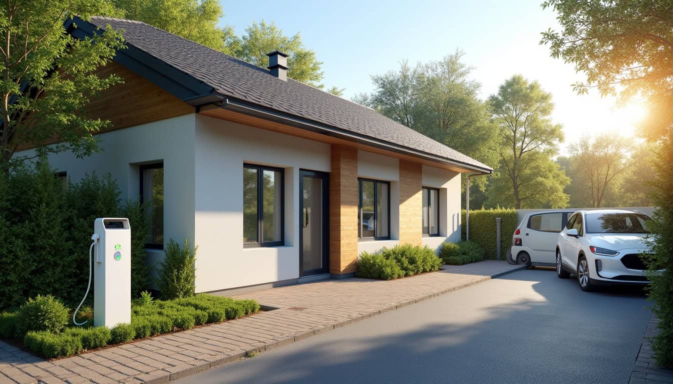 Borne de recharge installée devant une maison individuelle à Grézieu-la-Varenne