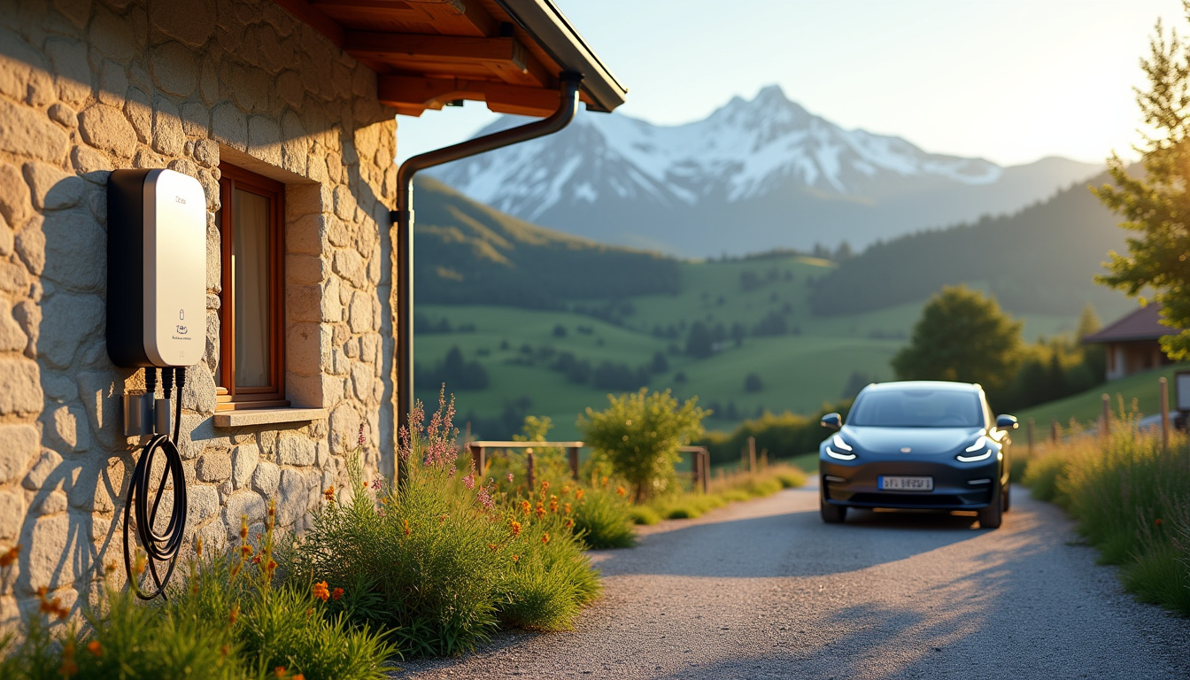 Borne de recharge installée devant une maison individuelle à Groisy, en environnement rural avec vue sur les montagnes