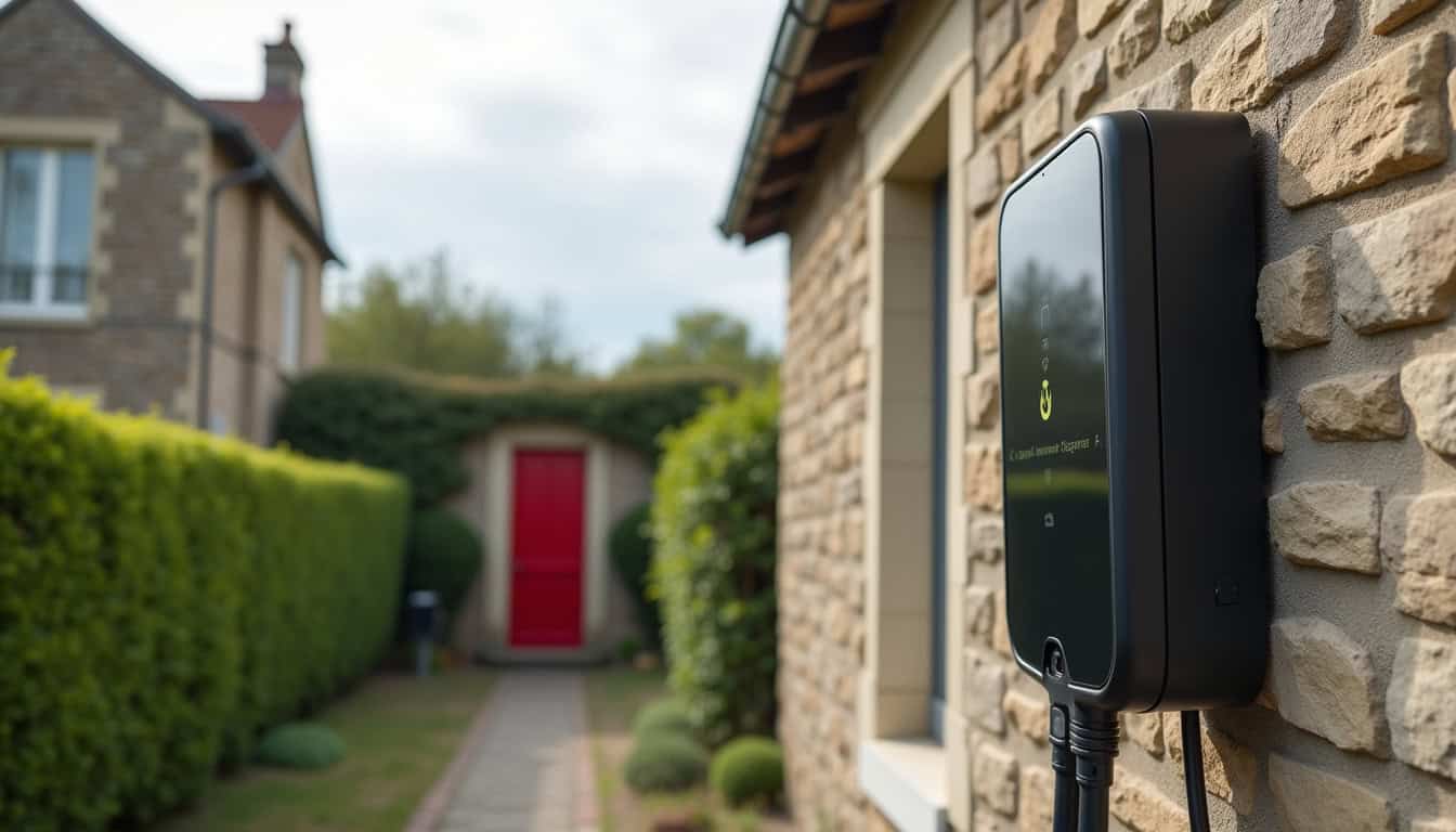 Borne de recharge installée devant une maison individuelle à Saint-Malô-du-Bois