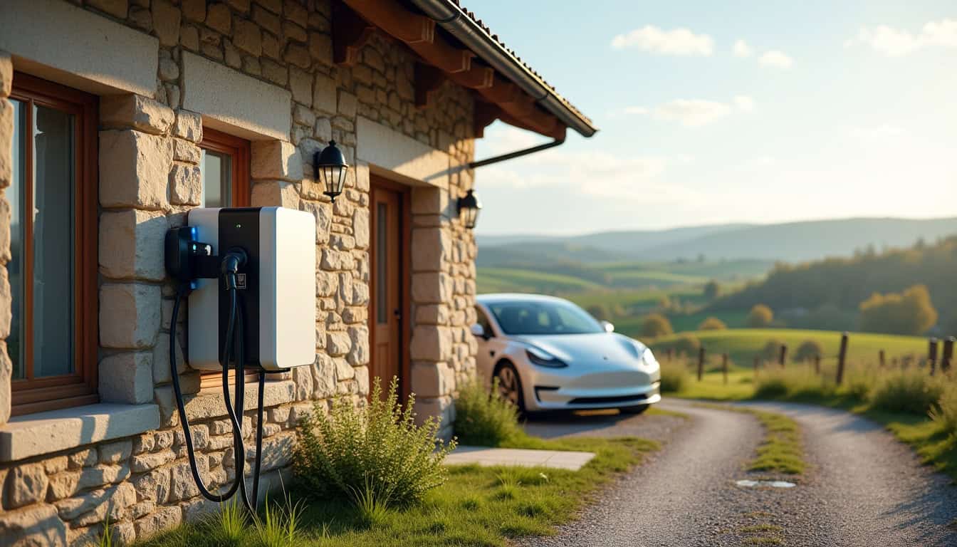 Borne de recharge installée devant une maison individuelle en milieu rural, à Dialan sur Chaîne