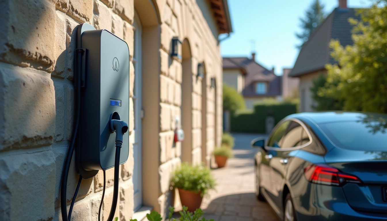 Borne de recharge installée en extérieur à Saint-Quentin-sur-Isère, en journée avec voiture branchée