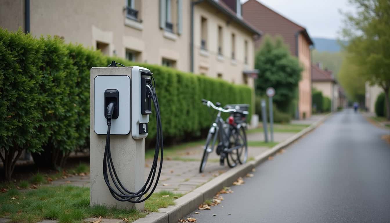 Borne de recharge installée en extérieur dans une rue de Touquin