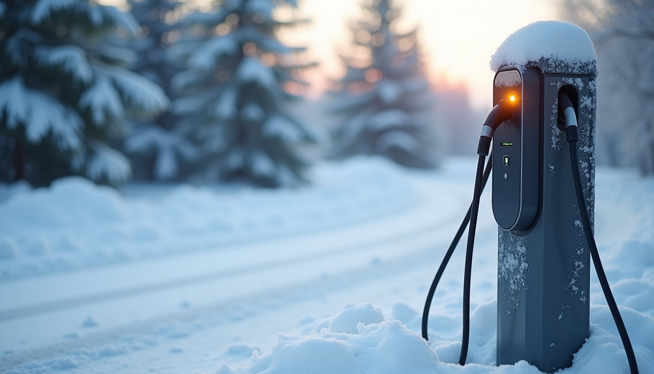 Borne de recharge installée en extérieur, entourée de neige, hiver à La Léchère