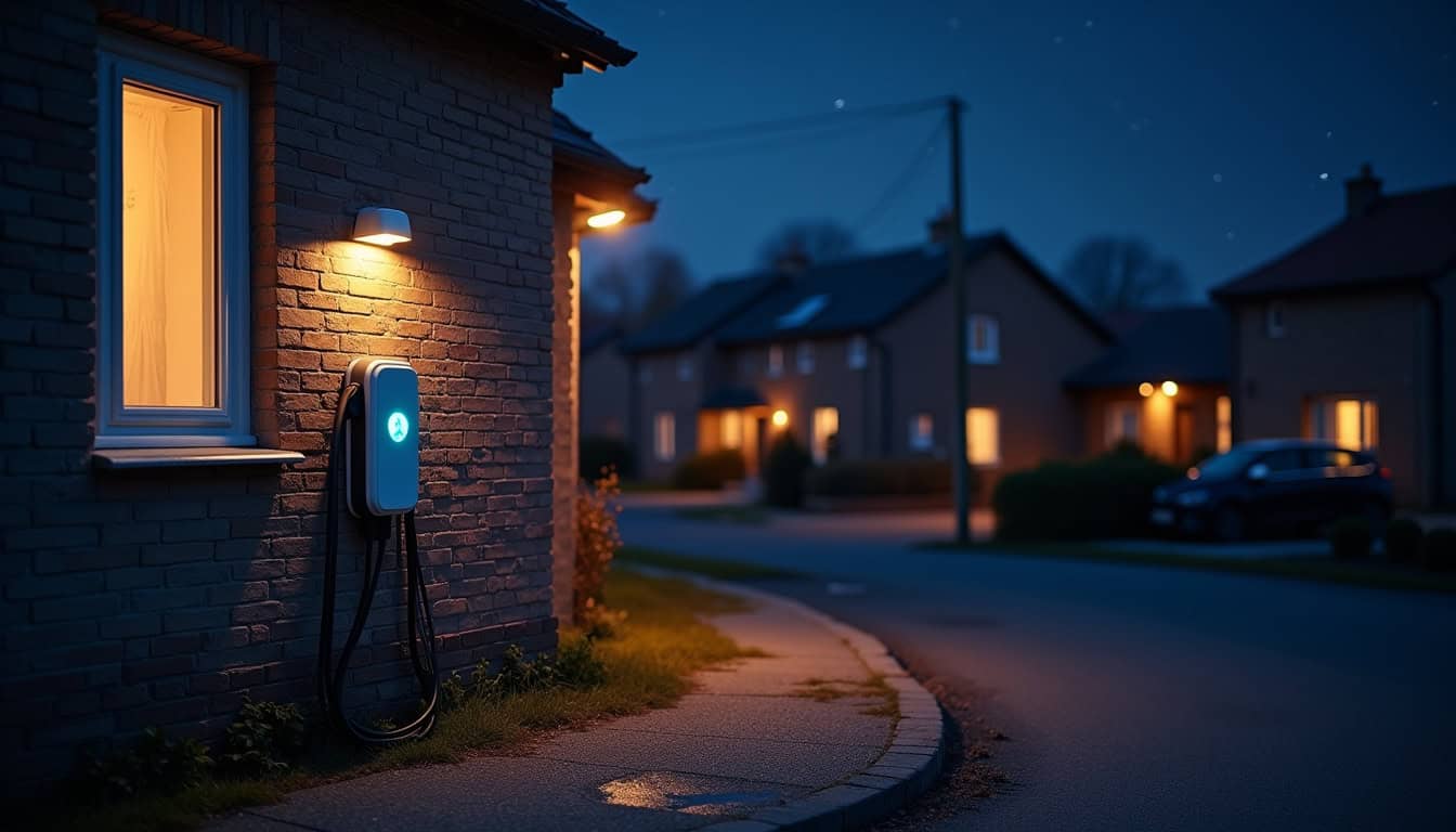 Borne de recharge installée sur un mur extérieur à Épehy, vue de nuit